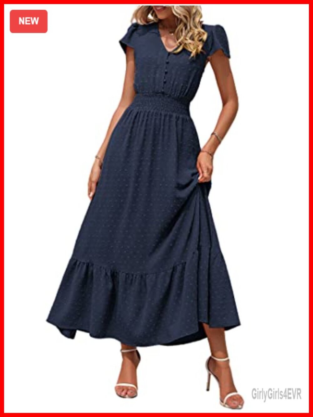 Womens Boho Swiss Dot Maxi Dress Cap Sleeve V-Neck Smocked Waist A-Line